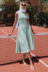 Celosia | Sage Asymmetric-Neck Midi Dress With Silver Detailing