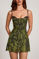 Embellished Cowl Neck A-Line Mini Dress In Green Snake