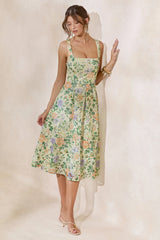 Lorielle | Lemon Floral Print Lace Square-Neck Midi Dress