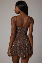 Sheer Embellished Scoop Neck Mini Dress In Deep Cocoa