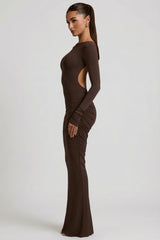 Modal Ruched Backless Maxi Dress In Chocolate Brown