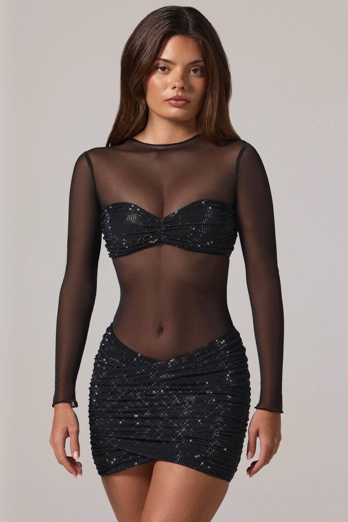 Sheer Embellished High-Neck Long Sleeve Mini Dress In Black