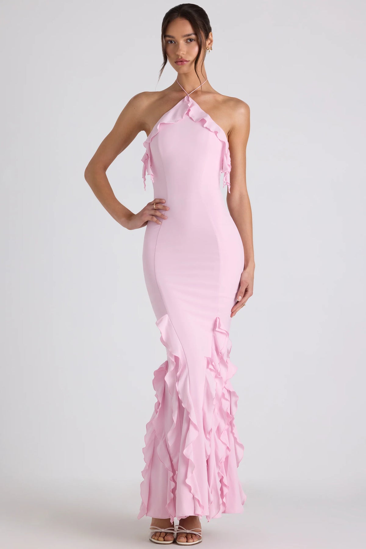 Ruffle-Trim Halterneck Gown In Soft Pink