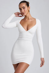 Modal Ruched Long-Sleeve Mini Dress In White