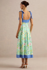 Marlisa | Mint Floral Print Square-Neck Midi Dress With Bow Straps