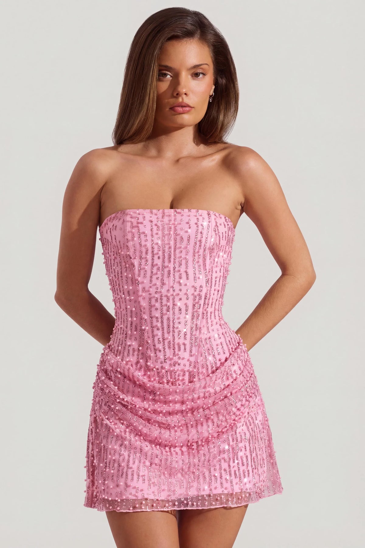 Embellished Draped Strapless A-Line Mini Dress In Pink