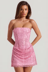 Embellished Draped Strapless A-Line Mini Dress In Pink