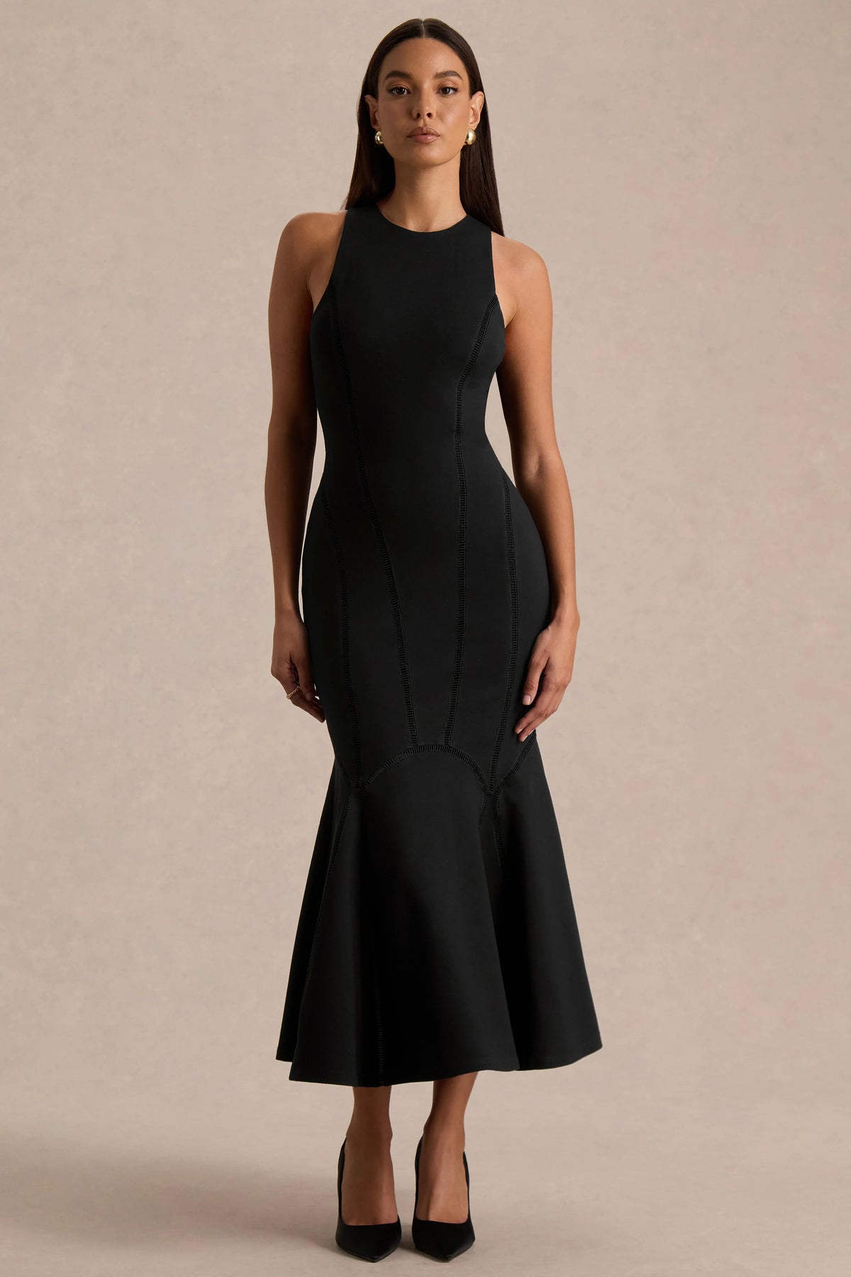 Sally | Black Crew-Neck Midi Dress With Drop Waist