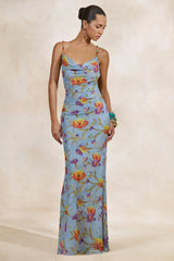 Raisa | Blue Floral Sheer Mesh Cowl-Neck Maxi Dress