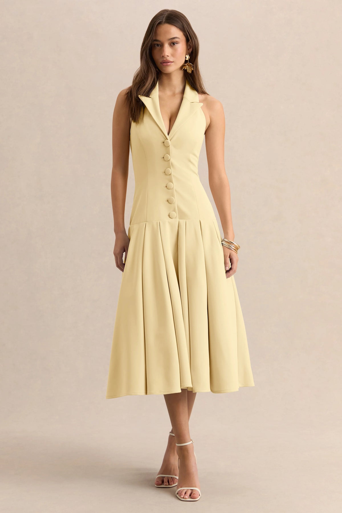 Elise | Lemon Plunge-Neck Midi Dress With Drop-Waist
