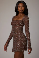 Sheer Embellished Long Sleeve A-Line Mini Dress In Deep Cocoa