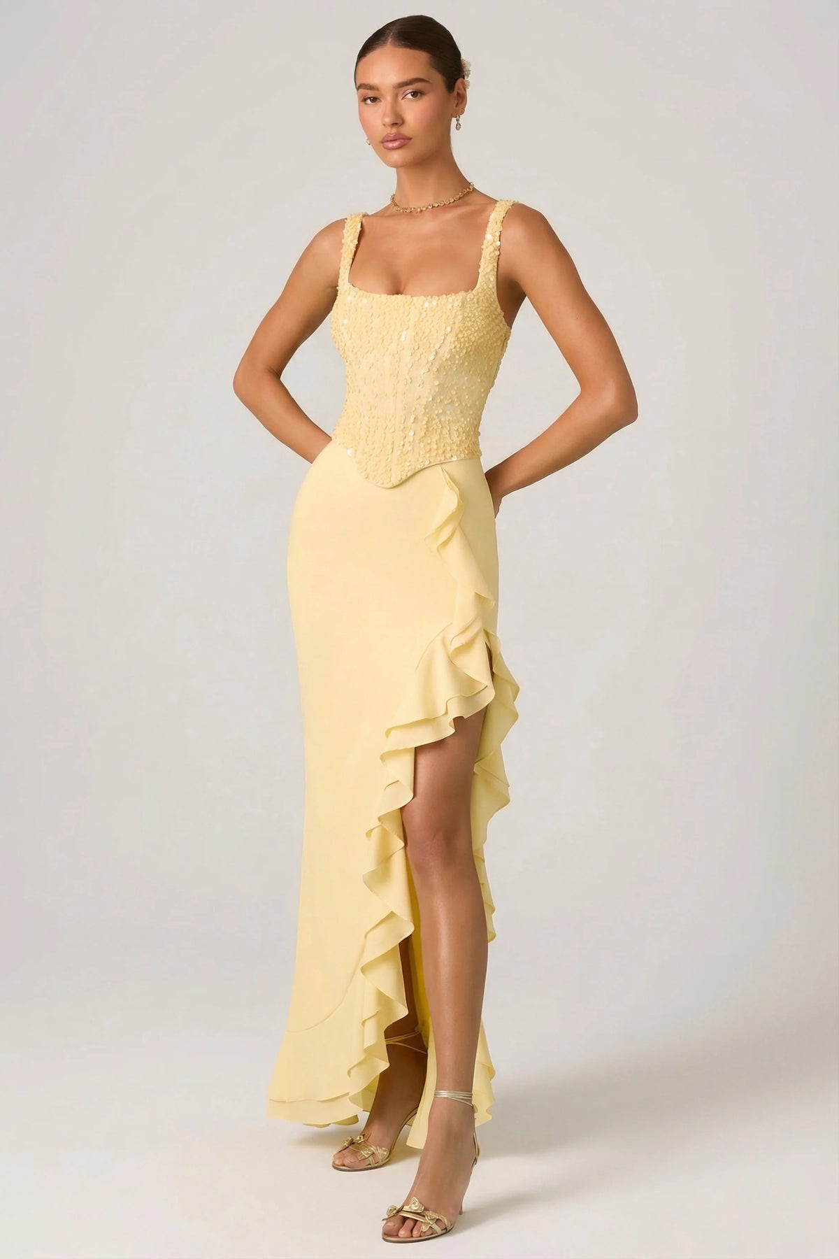 Embellished Ruffle-Trim Corset Gown In Yellow