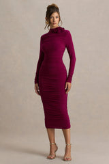 Tamara | Burgundy Long-Sleeve Ruched Midi Dress