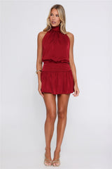 Flirty Little Number Satin Halter Mini Dress Wine