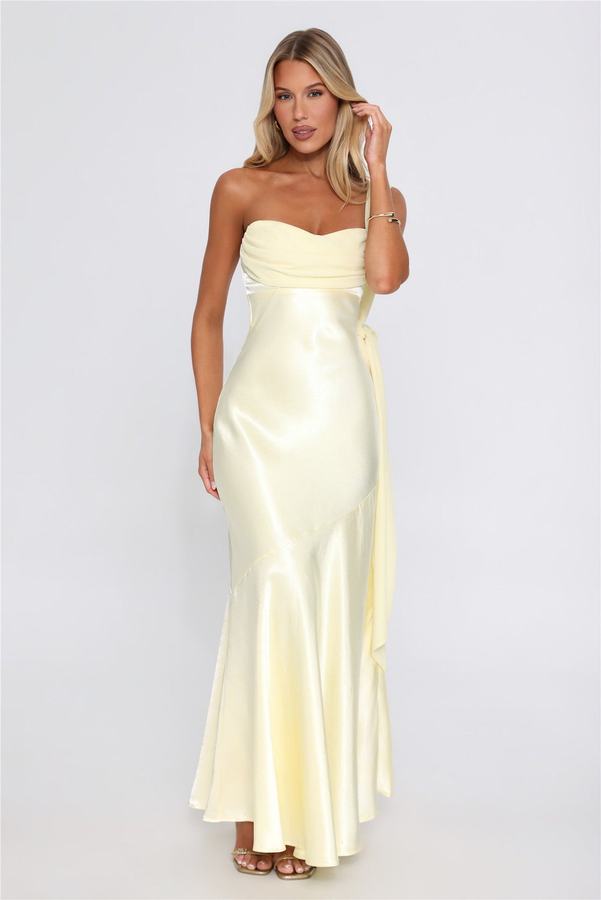 Social Setting One Shoulder Satin Maxi Dress Yellow