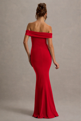 Law Of Attraction | Red Bardot Draped Split Maxi Dress