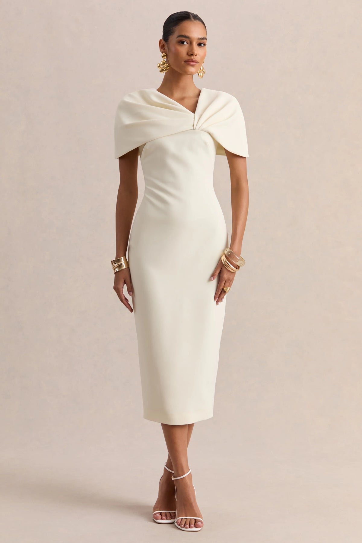 Novalie | Cream V-Neck Midi Dress With Twist-Detail