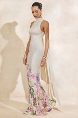 Cordy | Cream Floral Print High-Neck Maxi Dress With Cape