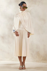 Honora | Cream High-Neck Midi Dress With Cape-Sleeves