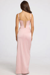 Corseted Thigh-High Split Maxi Dress In Blush Pink