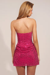 Embellished Draped Strapless A-Line Mini Dress In Hot Pink