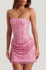 Embellished Draped Strapless A-Line Mini Dress In Pink
