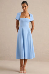 Donia | Light Blue Square-Neck Midi Skater Dress