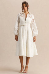 Jules | Cream Broderie High-Neck Tailored Midi Dress With Puff-Sleeves