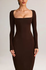 Modal Square-Neck Bodycon Maxi Dress In Chocolate Brown