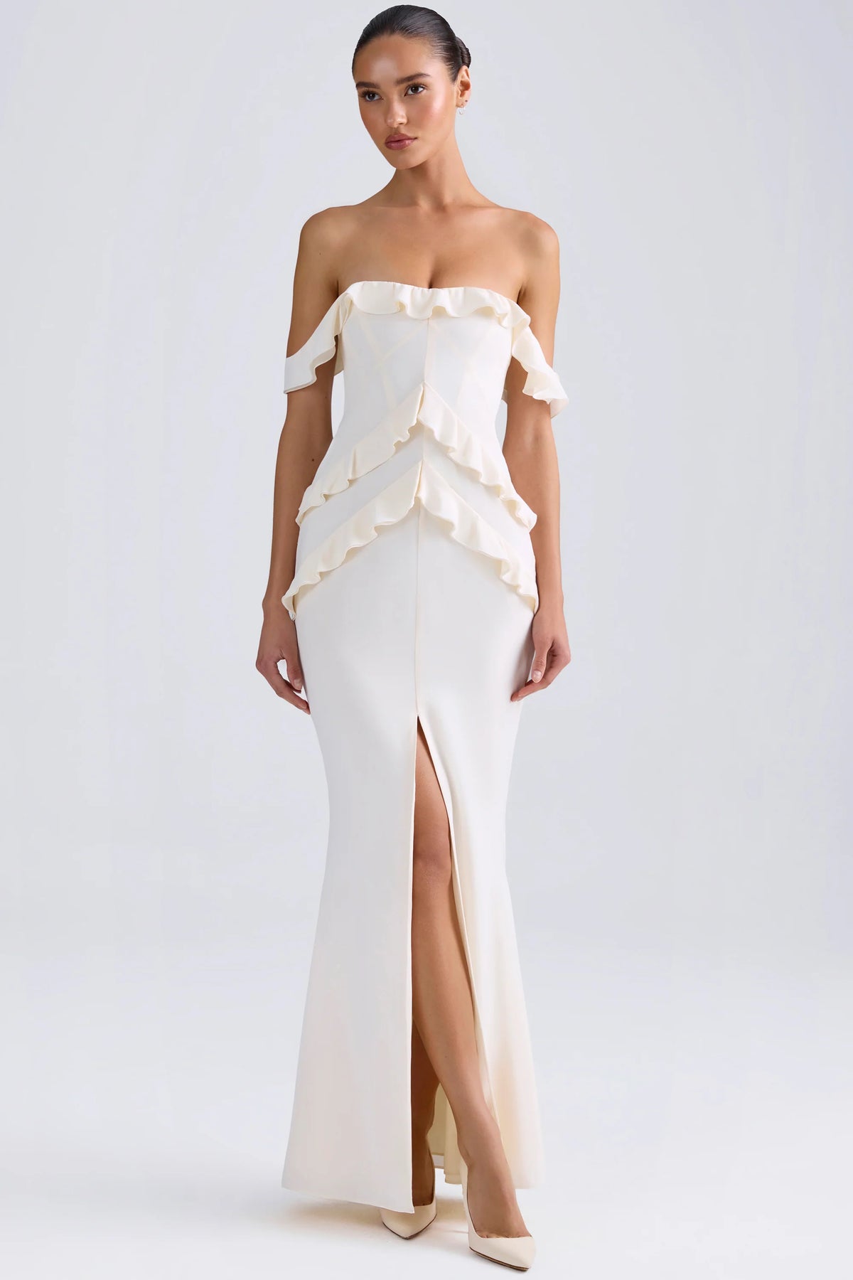 Off-Shoulder Ruffle-Trim Gown In Ivory