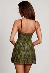 Embellished Cowl Neck A-Line Mini Dress In Green Snake