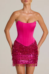 Satin Corset Fringed Mini Dress In Fuchsia Pink