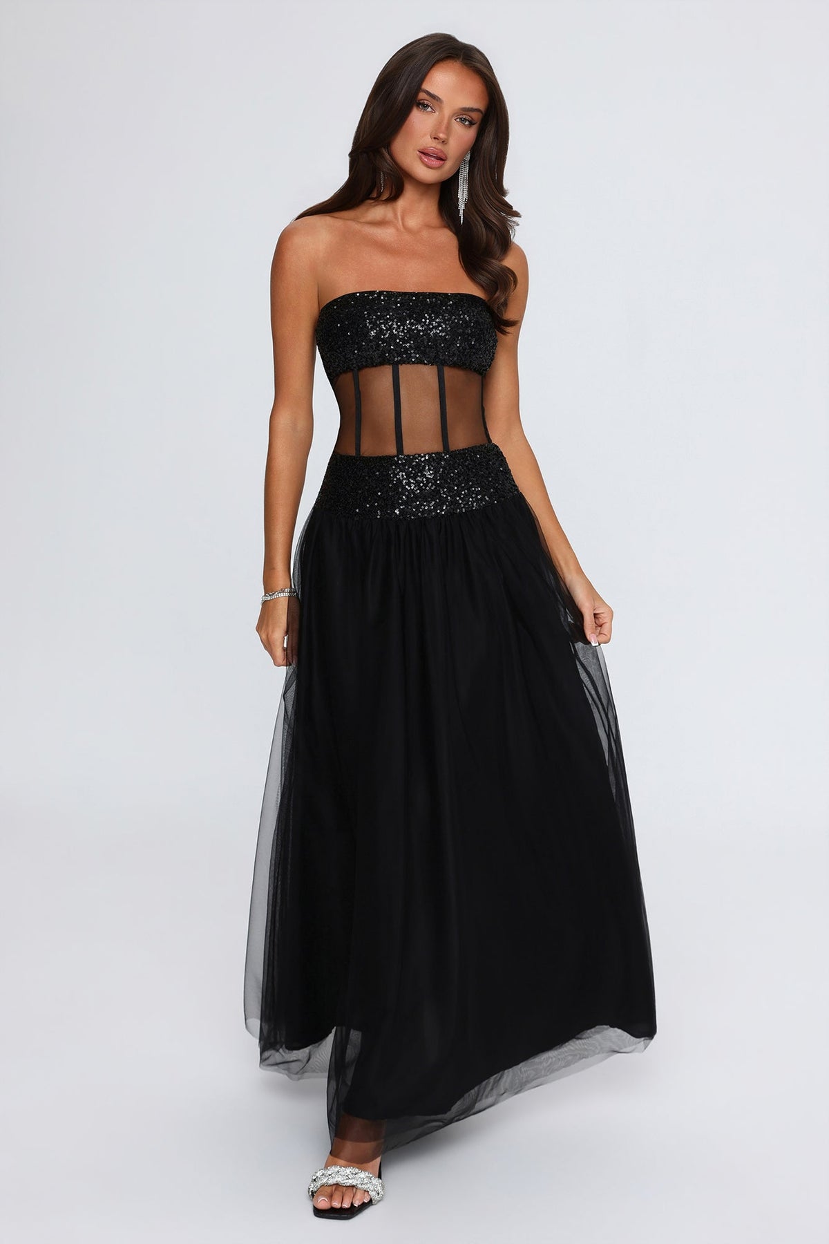 Main Attraction Sequin Mesh Strapless Maxi Dress Black