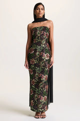 Cora | Winter Floral Embellished Mesh Bandeau Maxi Dress With Scarf