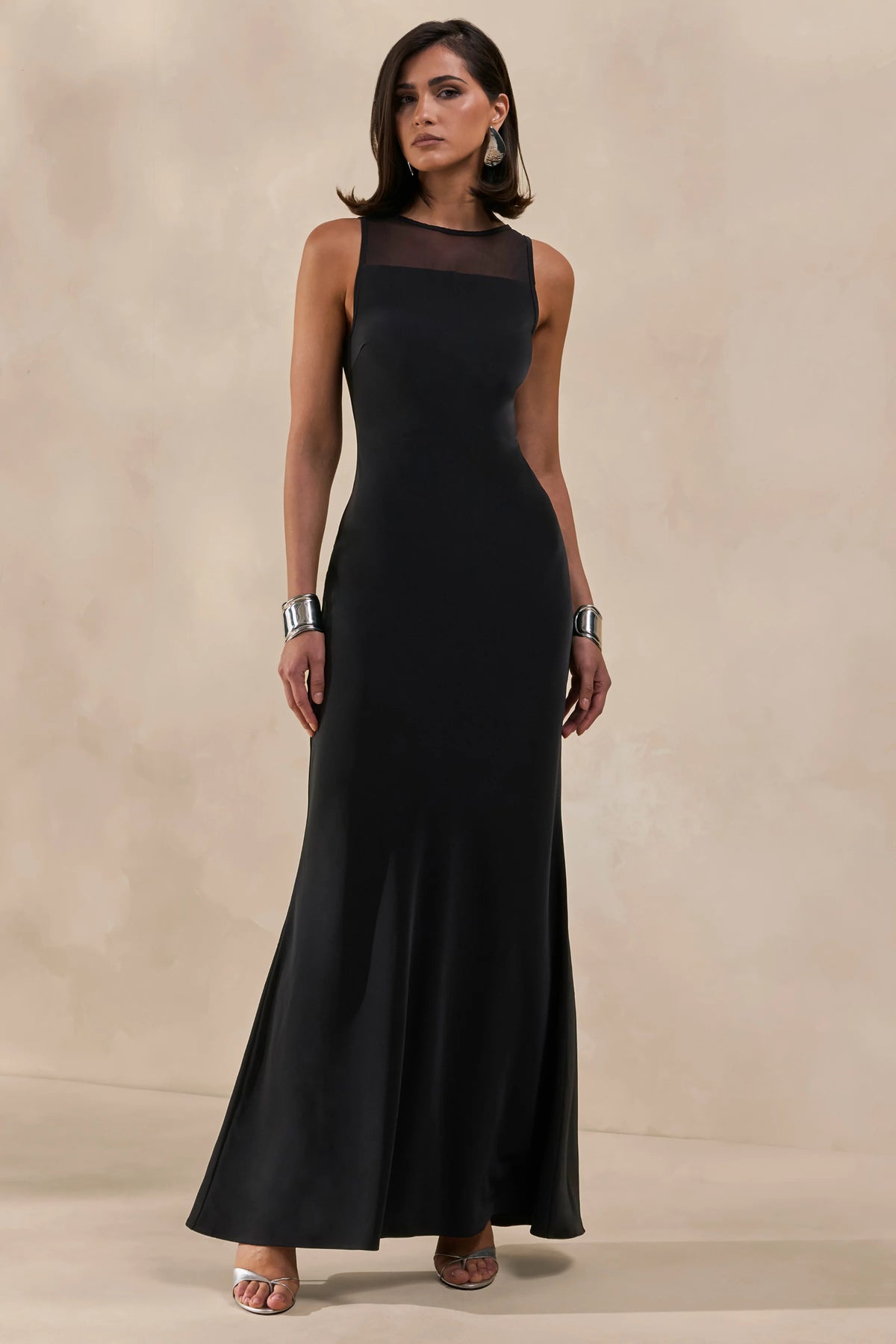Rosevine | Black Crew-Neck Maxi Dress With Mesh Panel