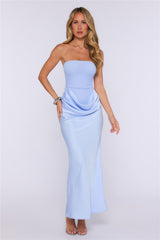 Graceful Moment Strapless Mesh Satin Maxi Dress Blue