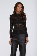 Tempting Details Sheer Long Sleeve Lace Top Black