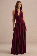 Bettina | Burgundy Plunge-Neck Maxi Dress With Gathered-Detailing