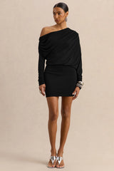 Inoria | Black Asymmetric-Neck Mini Dress