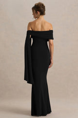 Saffina | Black Bardot-Neck Maxi Dress With Sash Detail