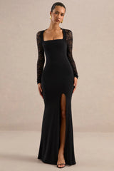 Anessa | Black Square-Neck Maxi Dress With Lace Long-Sleeves