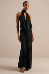 Canella | Black Satin Halter-Neck Maxi Dress With Sash-Detail