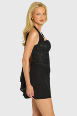 Sequin Lace Corset Mini Dress In Black
