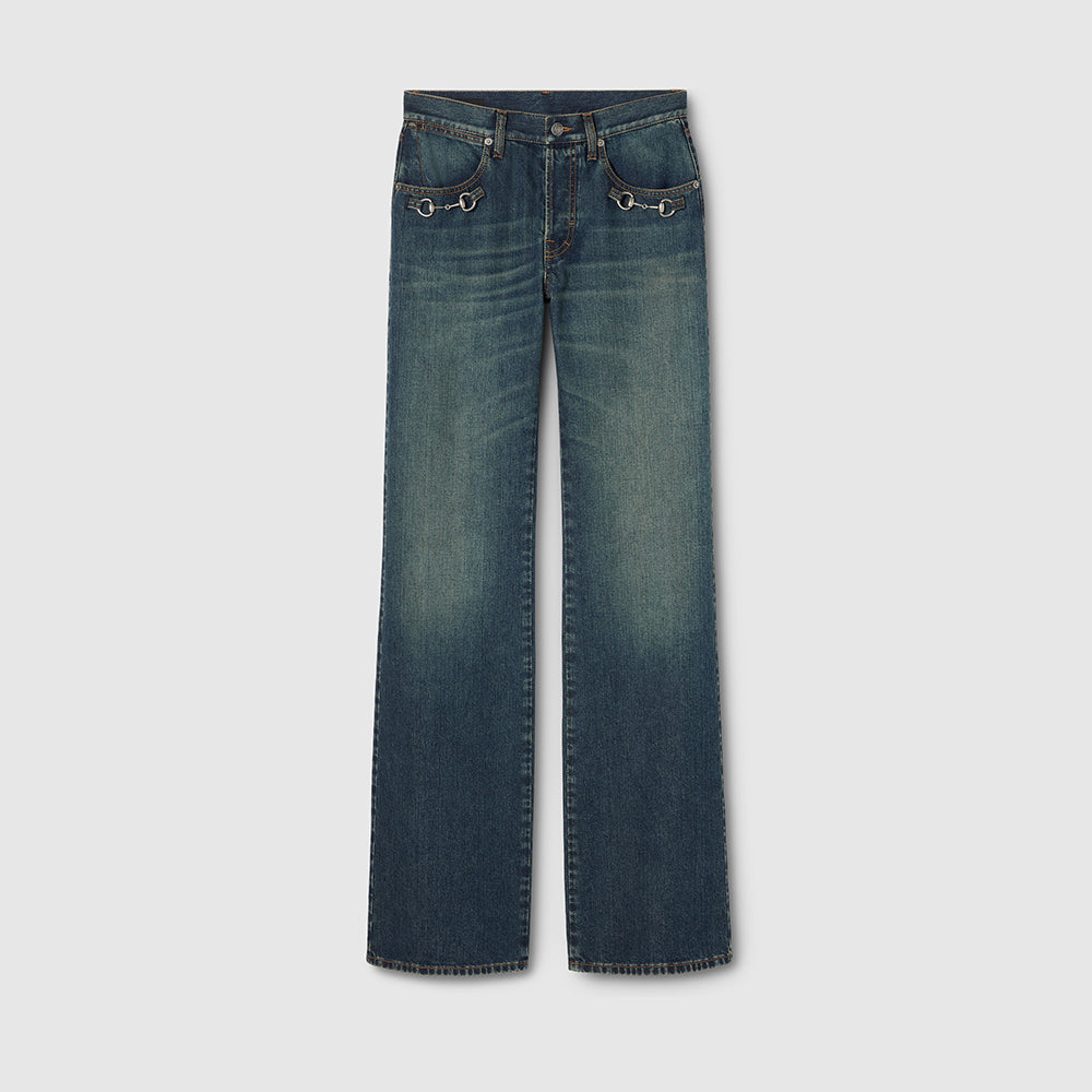 GUCCI Cotton Denim Pants With Horsebit in Blue #386913