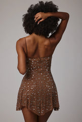 Sheer Embellished Scoop Neck Mini Dress In Mocha