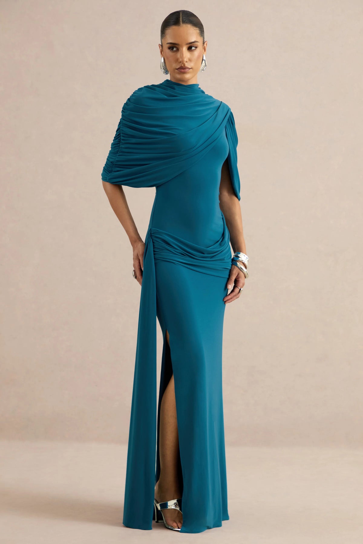 Eleri | Teal High-Neck Maxi Dress With One Short Cape Sleeve And Gathered Detailing