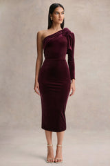 Vespera | Burgundy Velvet Asymmetric Neck Midi Dress With Bow Detail