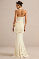 Avalie | Cream Plunge-Neck Maxi Dress With Gathered Detailing