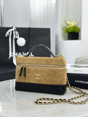Chanel Top Handle Vanity Case Suede Calfskin With Chain and Shiny Lambskin With Gold-tone Metal #387674