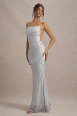 Quartz | Silver Hotfix Square-Neck Open-Back Maxi Dress